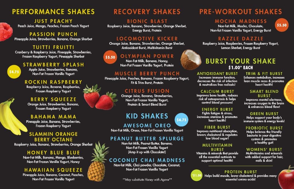 Just Juice It shake menu — Performance, Recovery, Pre-Workout, and Kid Shakes